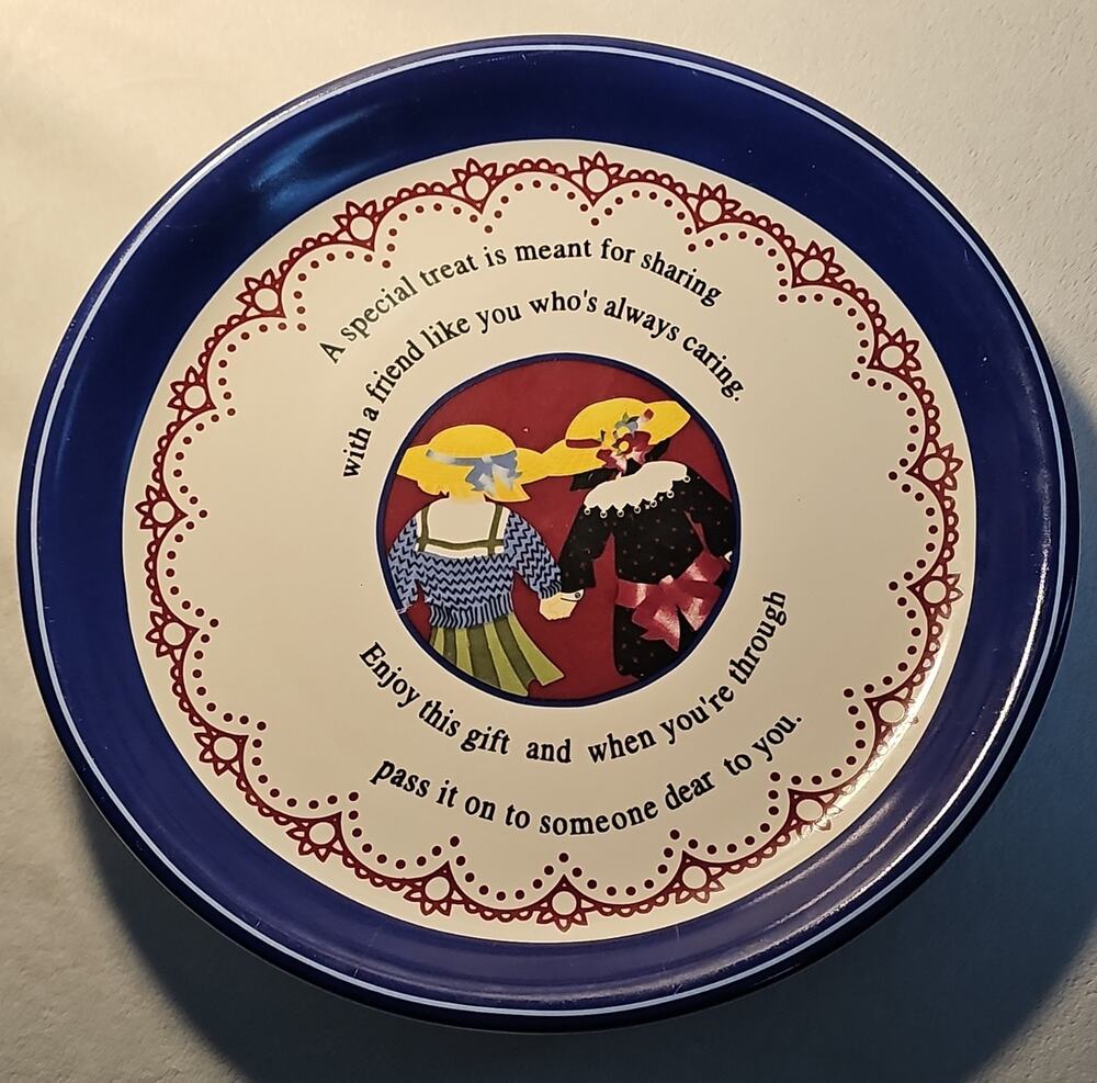 Vintage Ceramic Friendship Plate Blue Rim Round Glossy Multicolor